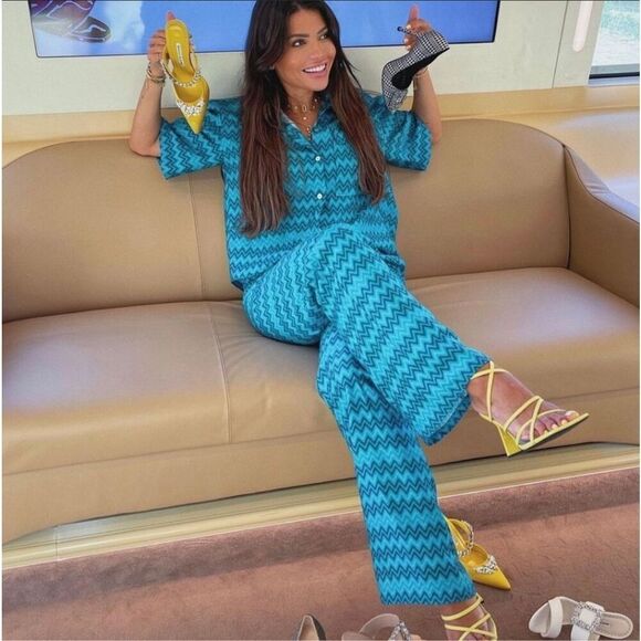 Zara Blue Green Geometric Palazzo Print Pull On pants Size Medium - Picture 14 of 14